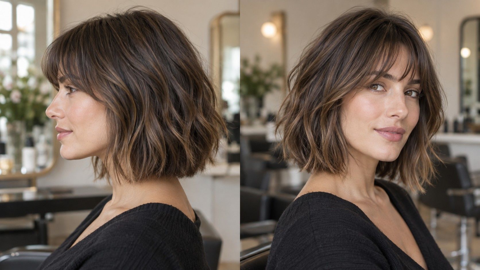 Woman comparing hairstyles for an oval face