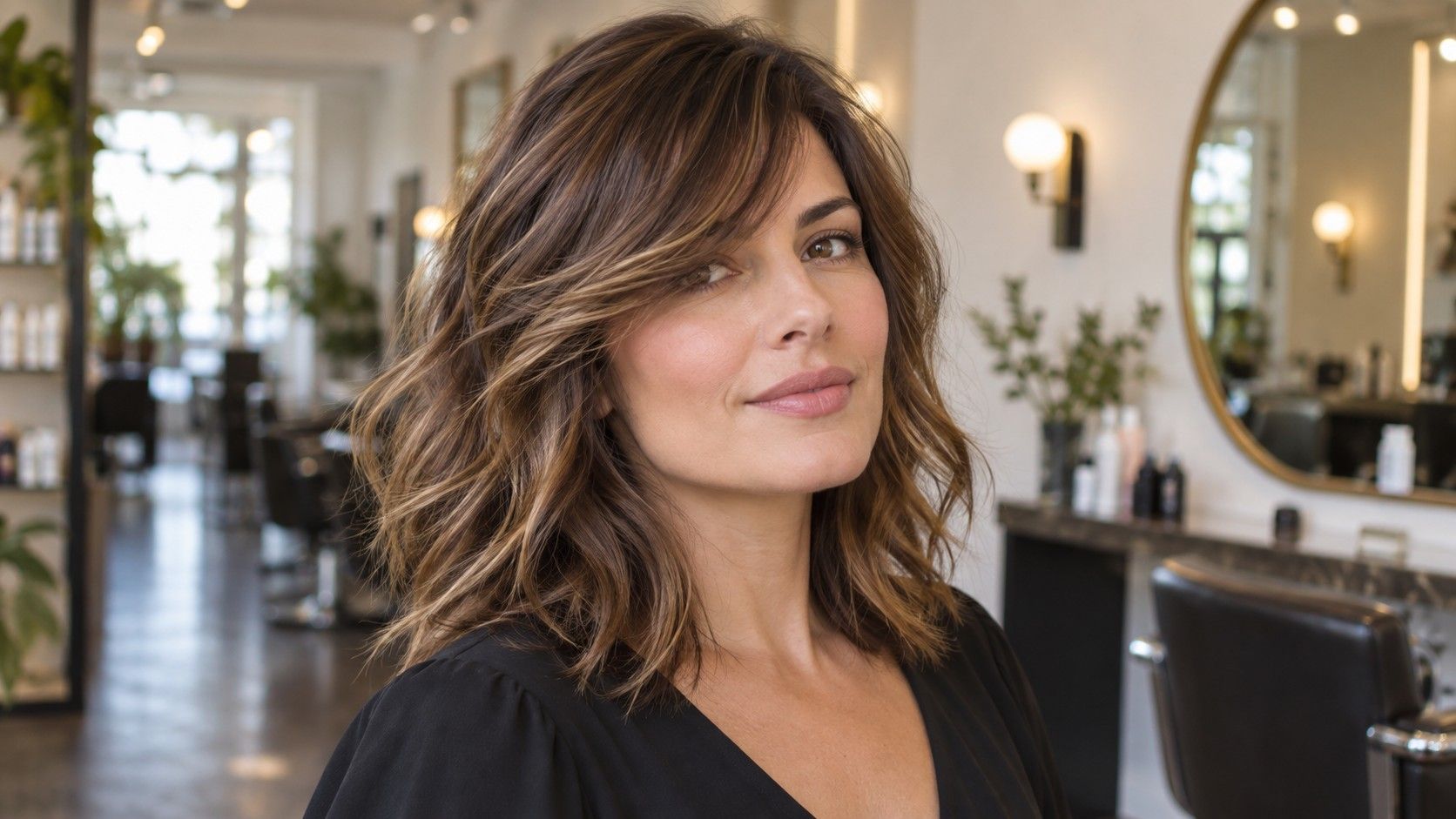 Woman considering layered hairstyles for a square face