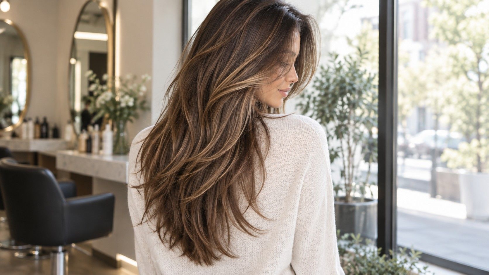 Long layered haircut with soft face-framing pieces